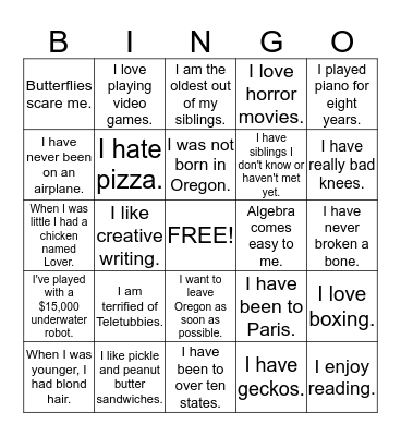 Period 5- Icebreaker BINGO Card