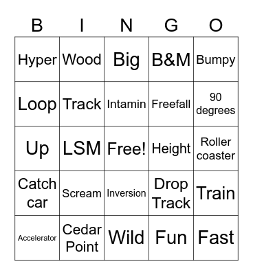 Roller coaster Bingo Card