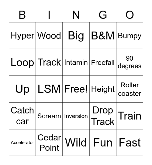 Roller coaster Bingo Card