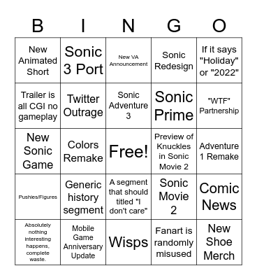 Sonic Thingy Bingo Card