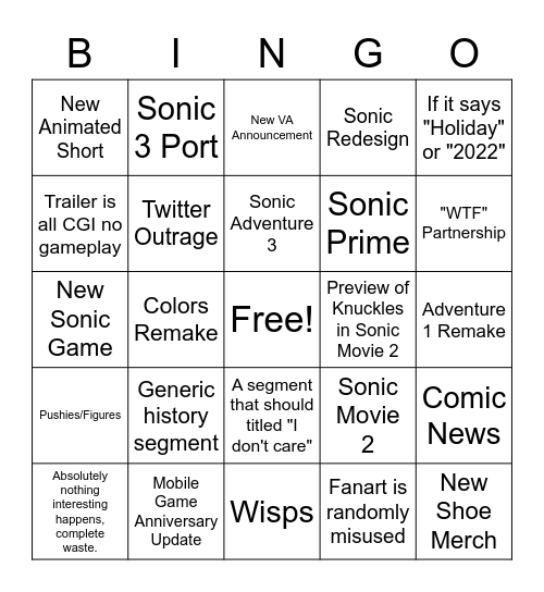 Sonic Thingy Bingo Card