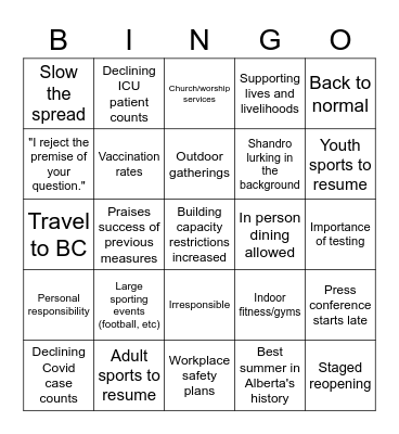 Alberta Re-Opening Press Conference Bingo Card