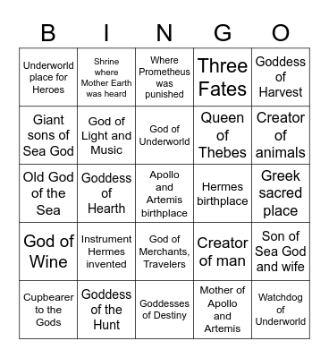 Greek Myths 6-10 Bingo Card