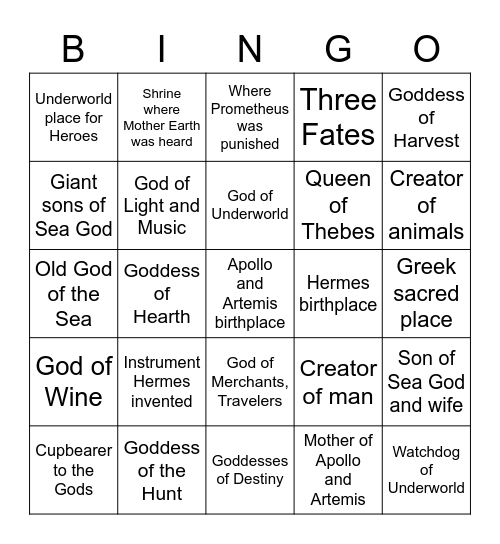 Greek Myths 6-10 Bingo Card
