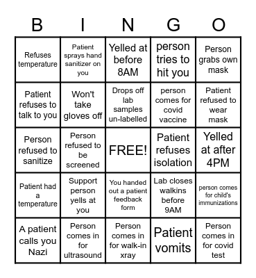 Covid Screener BINGO Card