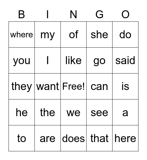 Kindergarten Sight Words Bingo Card