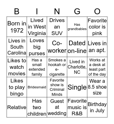 Valerie's Bridal Shower  Bingo Card