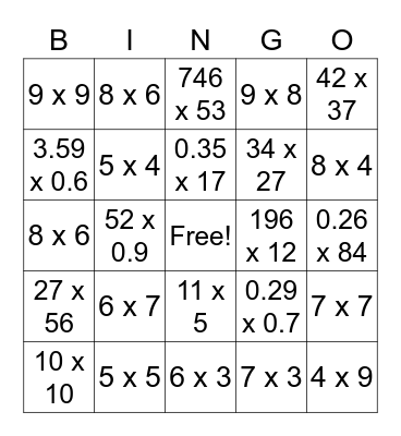 Multiplication Bingo Card