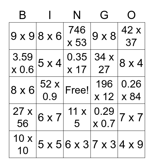 Multiplication Bingo Card