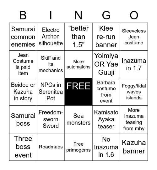 Genshin Impact 1.6 Special Program Bingo Card