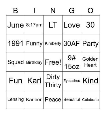 Karleen's 30! Bingo Card