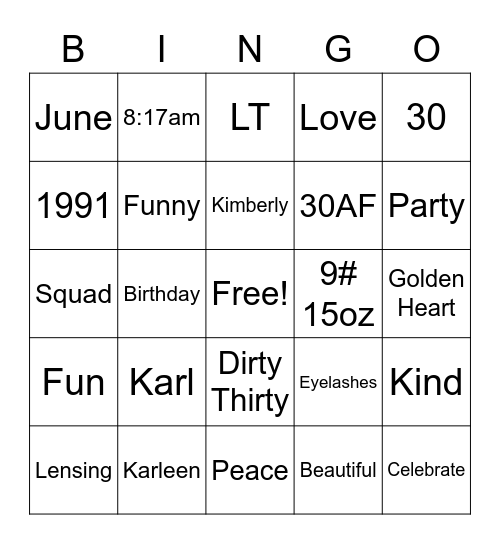 Karleen's 30! Bingo Card