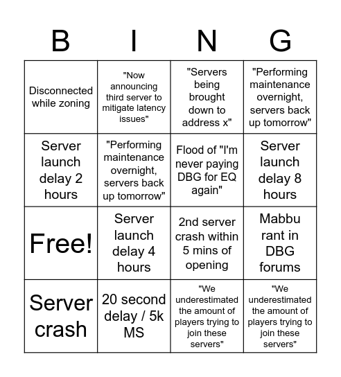 DBG Server Launch Bingo Card