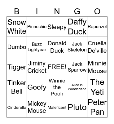 Disney Characters Bingo Card