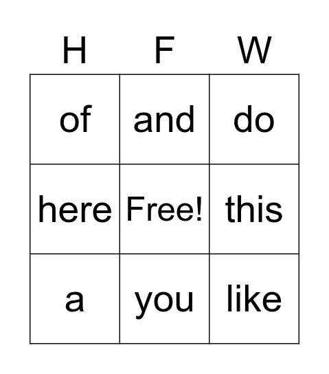 HFW 3x3 Wonders 33 Bingo Card