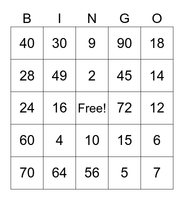 Multiplication Bingo Card