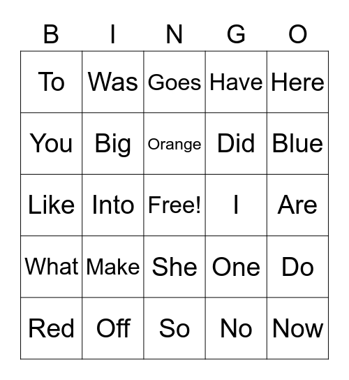 Sight Word Bingo Card
