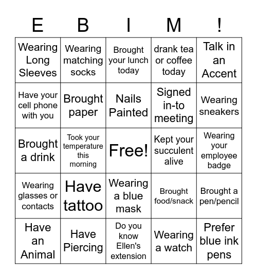 EBIM Employee Bingo Card