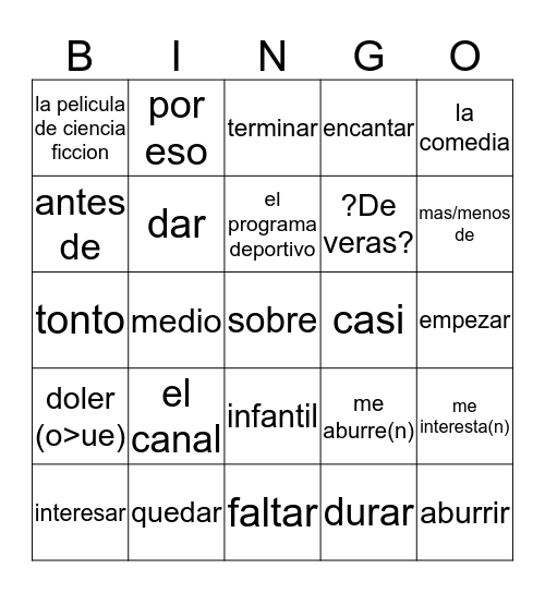 Espanol - Capitulo 9A Bingo Card