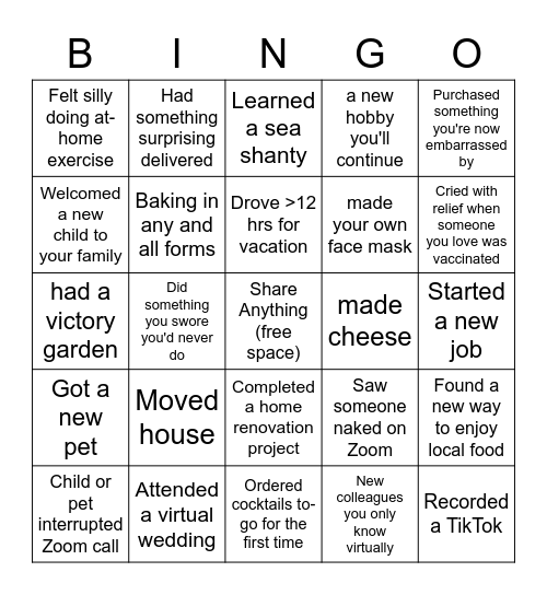 Pandemic Bingo Card