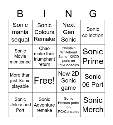 Sonic Direct 2021 Bingo Card