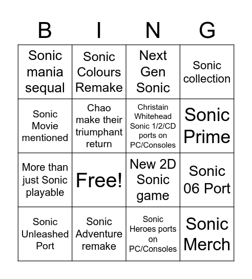 Sonic Direct 2021 Bingo Card