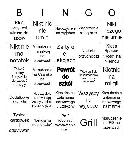 powrót do szkół Bingo Card