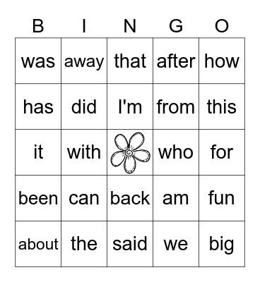 Sight Word Bingo Card