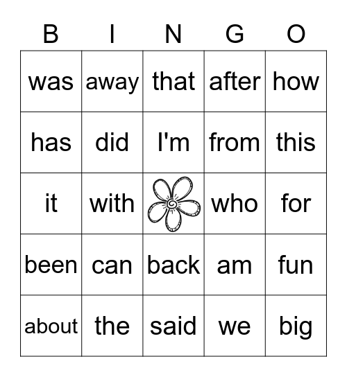 Sight Word Bingo Card