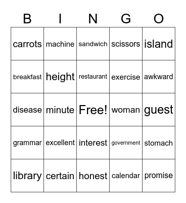 Upper Level Red Words Bingo Card