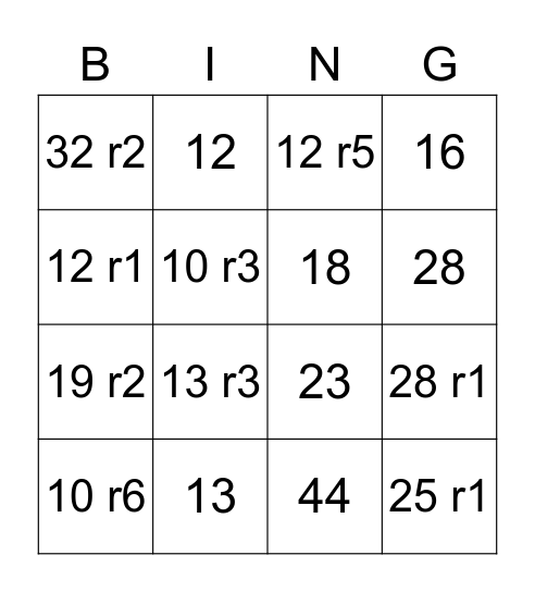 Long division bingo Card