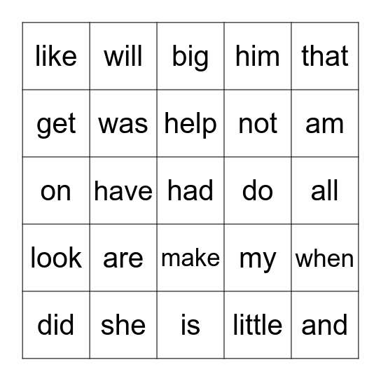 Sight Word Bingo Card