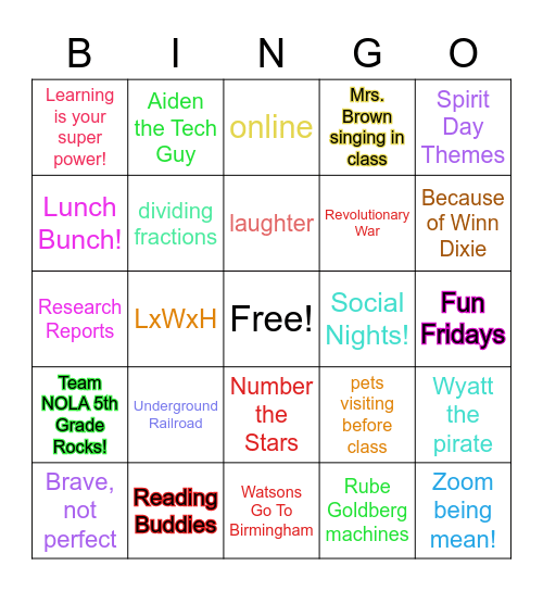 #TeamNOLA5thGrade Bingo Card