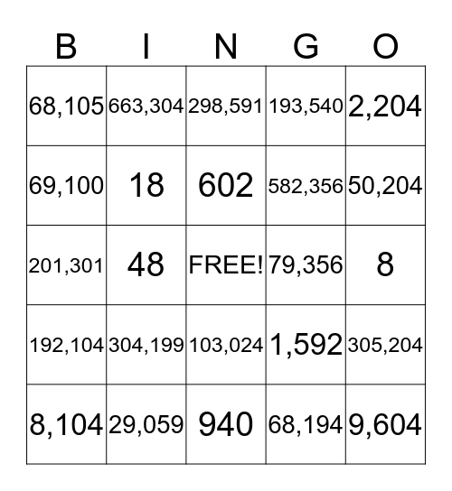 BIG Numbers Bingo Card
