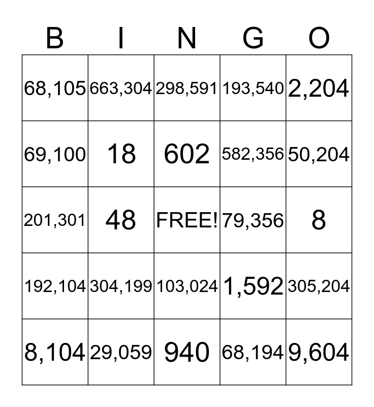 Big Numbers Bingo Card