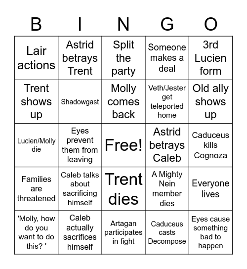 Critical Role Finale Predictions Bingo Card