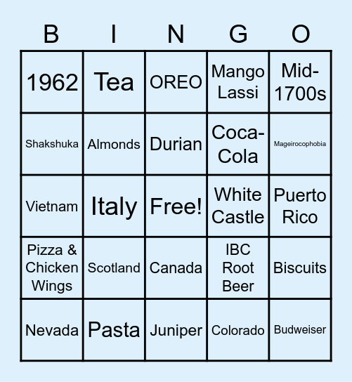 Food & Drink BINGO Card