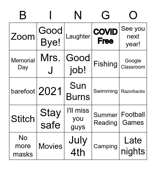 End of School Year Bingo Card
