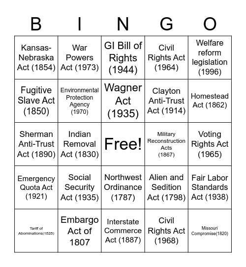 Important Laws in US History Bingo Card