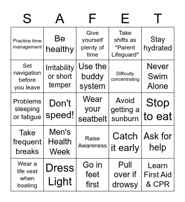 National Safety Month 2022 Bingo Card