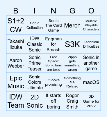 Sonic Central Livestream Bingo Card