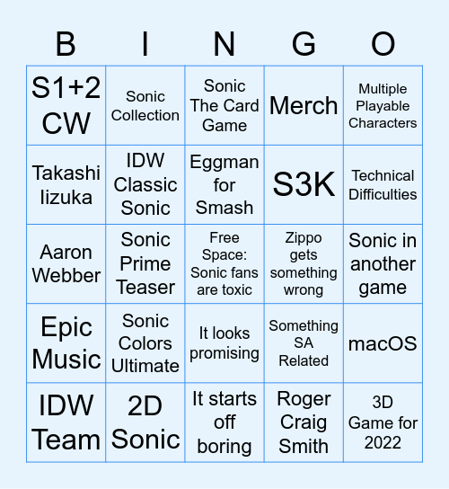 Sonic Central Livestream Bingo Card
