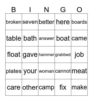 Lesson   17 Bingo Card