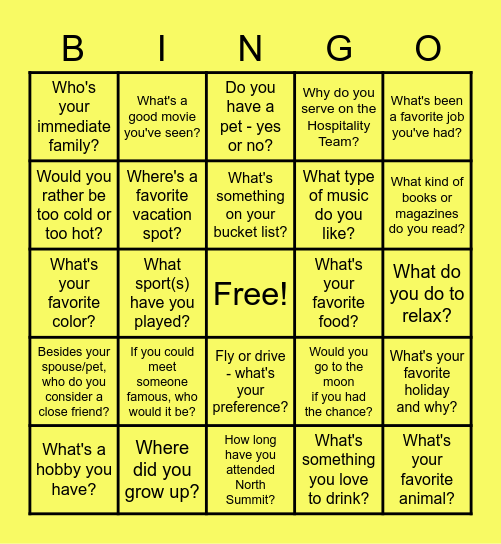 Hospitality Bingo Card