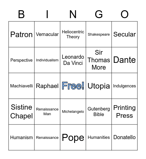 Renaissance Bingo Card