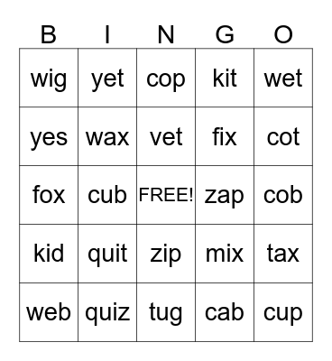 Word Bingo! Bingo Card