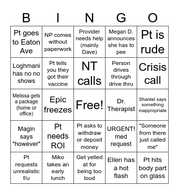 Behavioral Health Bingo Card