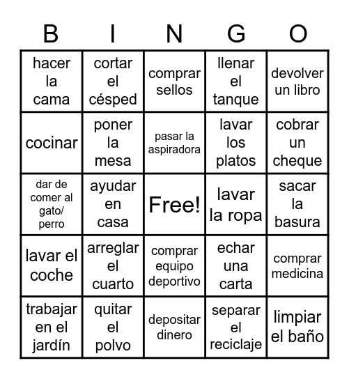 chores/ errands en español Bingo Card