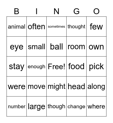 Unit 7 High Frequency Words Bingo Card