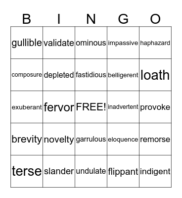 English III Vocabulary Bingo Card